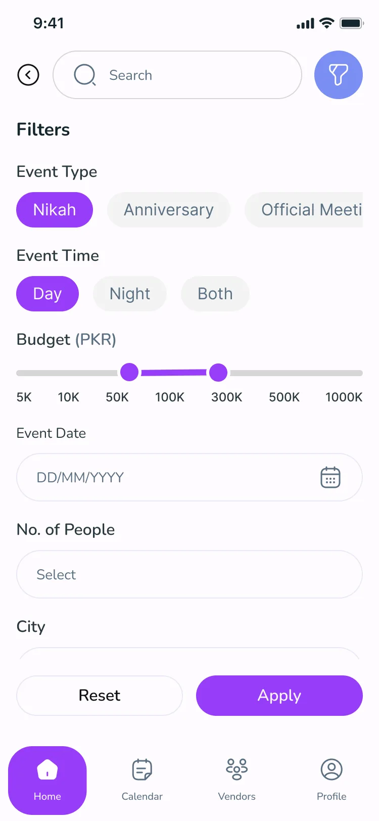 Filter screen: event type, event time, budget in rupees, event date, number of people and city.