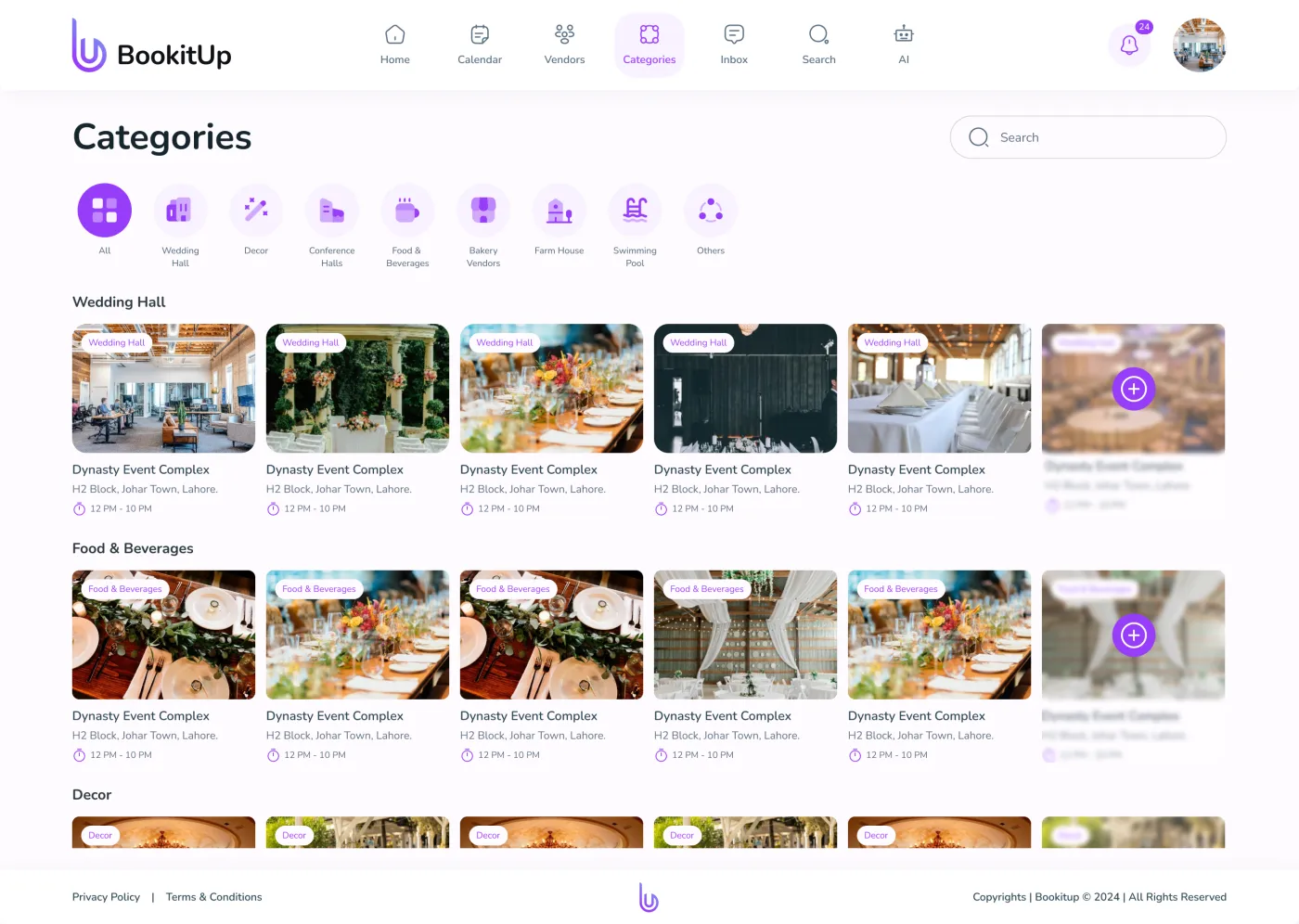The categories screen: wedding halls, decor, conference halls, food and beverages, bakery and farm house.
