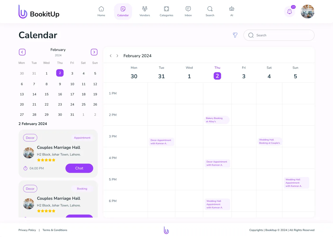 The calendar screen: a week grid with decor appointments, a bakery booking and a wedding hall booking.